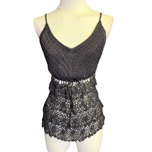 2xtremz Black Beaded Crochet Camisole Top S Ribbon Tie Open Knit Whimsigoth Y2K